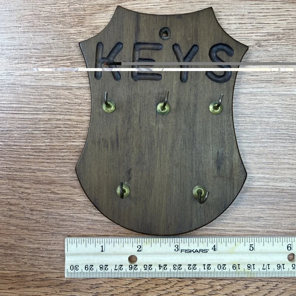 Vintage 1980 Wood Wall Hanging Key‎ Hook Rack with 5 Hooks